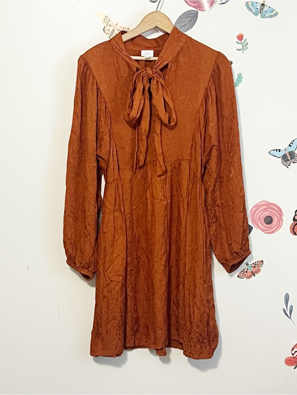 Rust Tie-Neck Long Sleeve Women's Dress